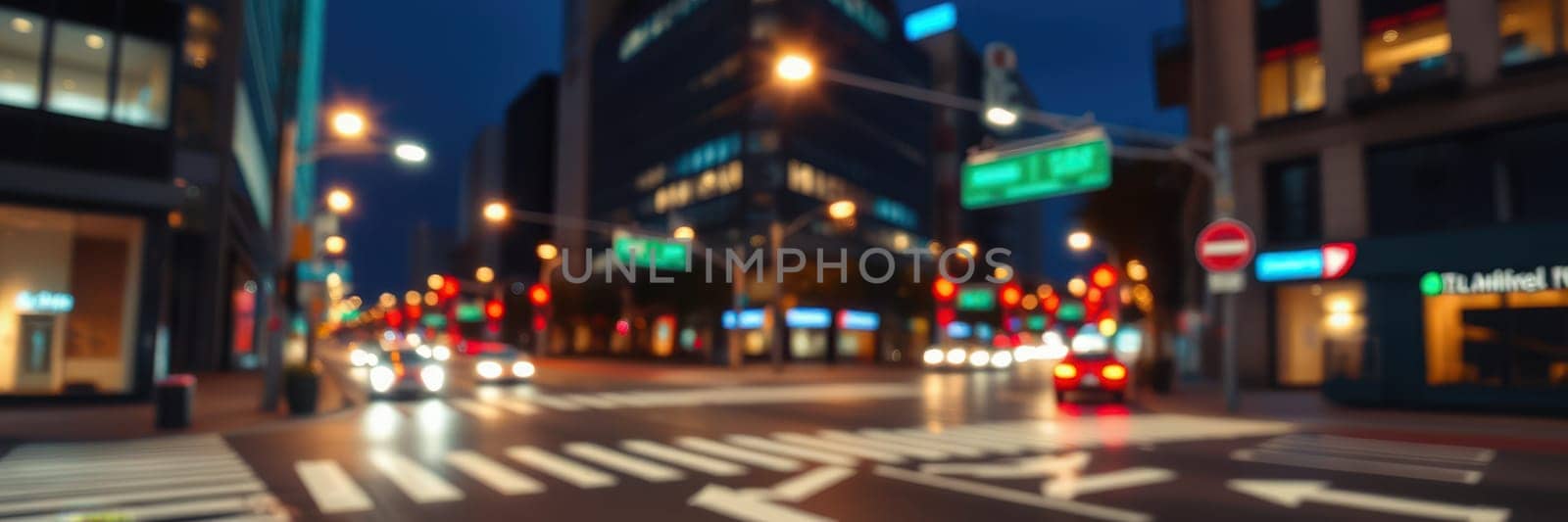 A vibrant city intersection comes alive at night with glowing traffic lights guiding vehicles. Skyscrapers cast reflections while cars navigate the bustling streets.