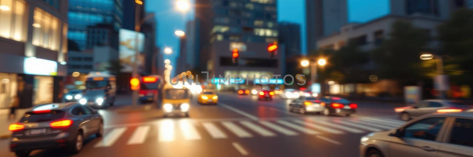 Vehicles navigate a busy city intersection at dusk, with bright lights illuminating the scene. The atmosphere captures the lively energy of urban life.