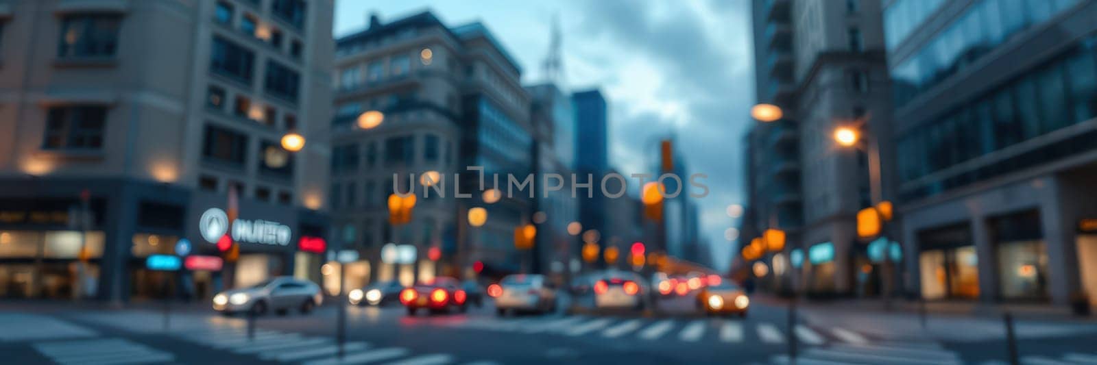 City streets come alive at twilight as cars navigate through an intersection. Streetlights glow and shops display vibrant signage, reflecting the hustle of urban life.