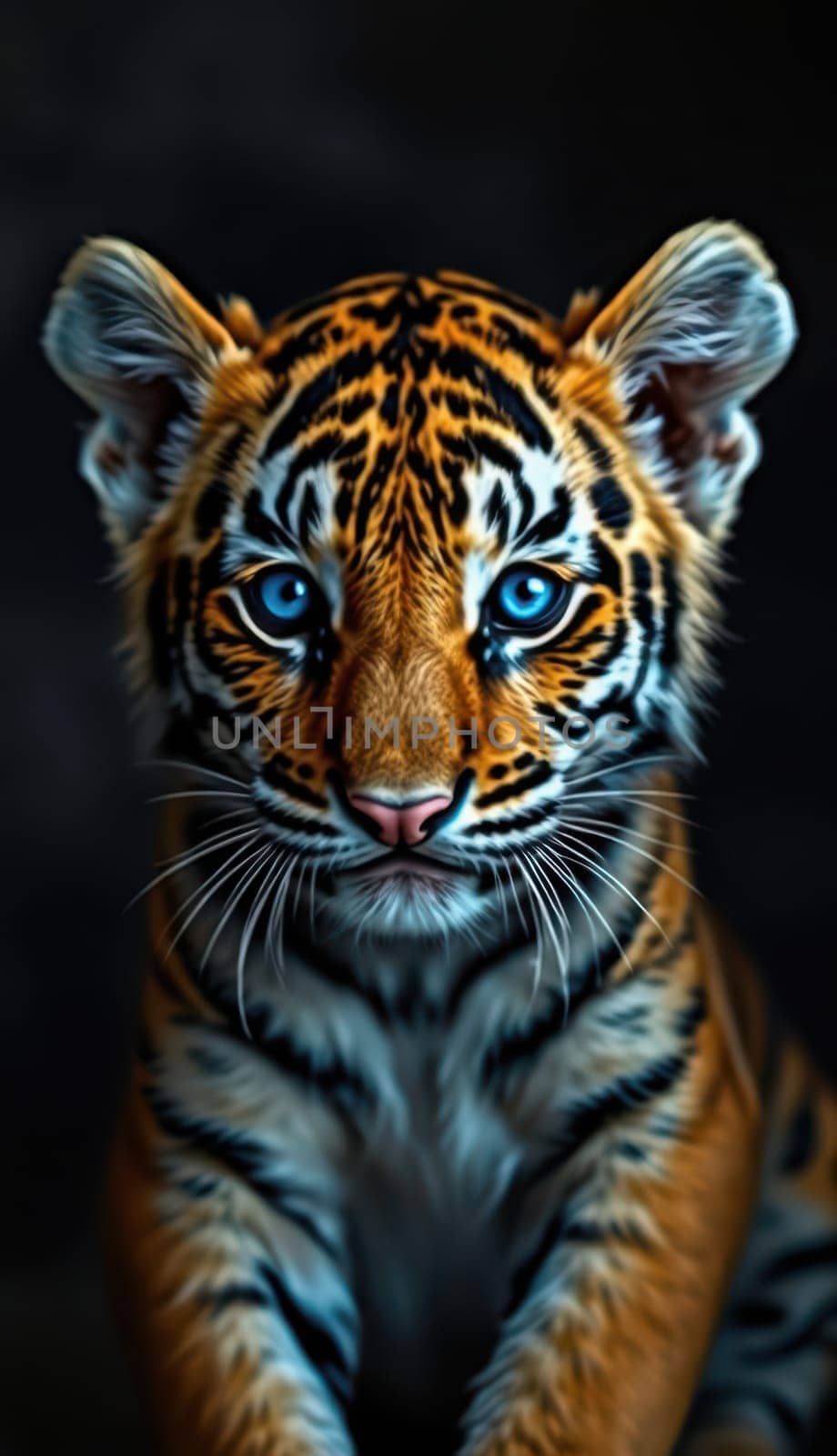 A majestic tiger with striking blue eyes sits calmly against a dark backdrop, highlighting its vibrant orange and black stripes. Its gaze conveys both strength and intrigue.