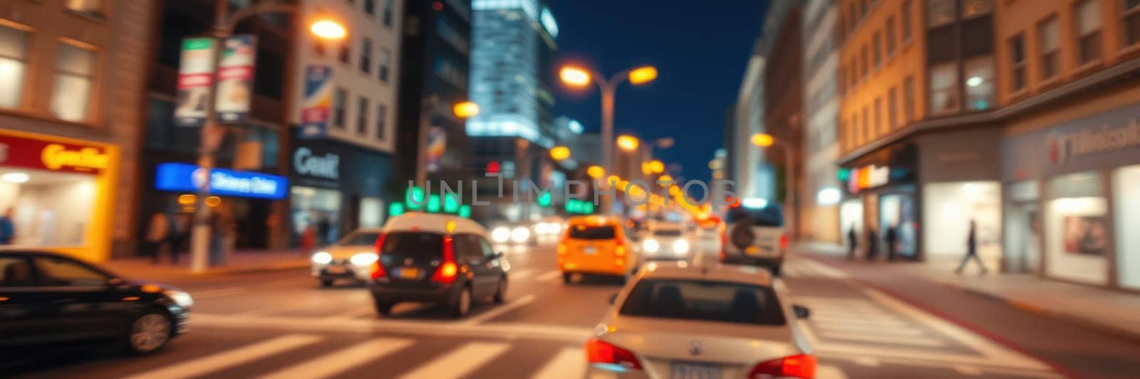 Cars are moving through a vibrant city street at night, illuminated by store signs and streetlights while pedestrians cross the road. The atmosphere is lively and energetic.