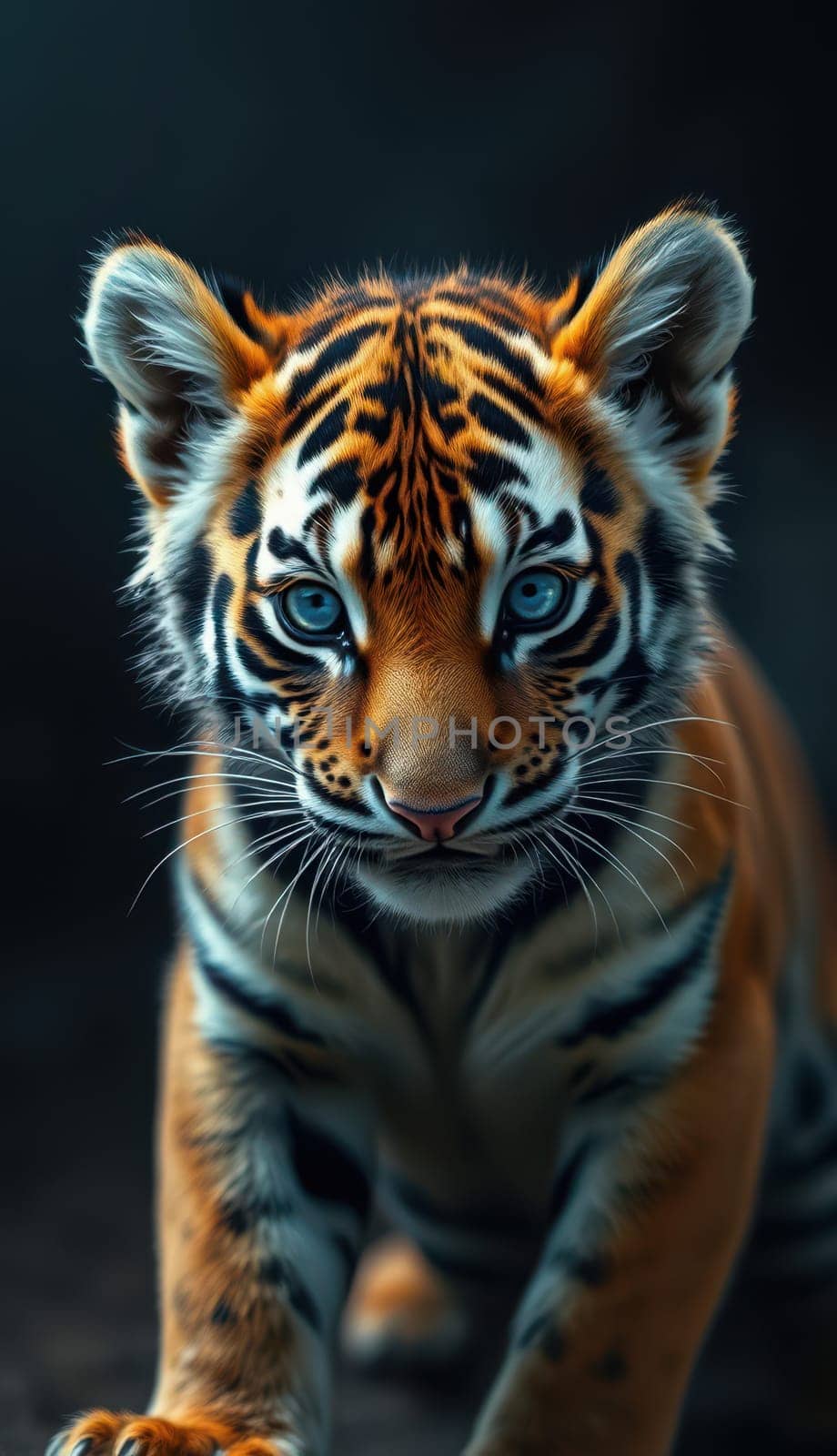 A young tiger displays its striking blue eyes and vibrant orange fur, emphasizing the intricate patterns on its face. The dim lighting highlights its fierce expression and curiosity.