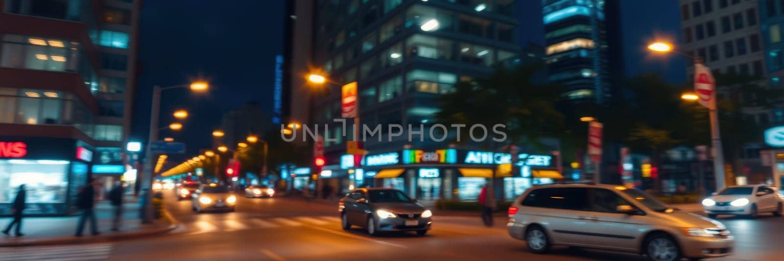 Traffic flows through a vibrant city street at night, with bright lights from storefronts and nearby skyscrapers illuminating the scene. People walk along the sidewalks.