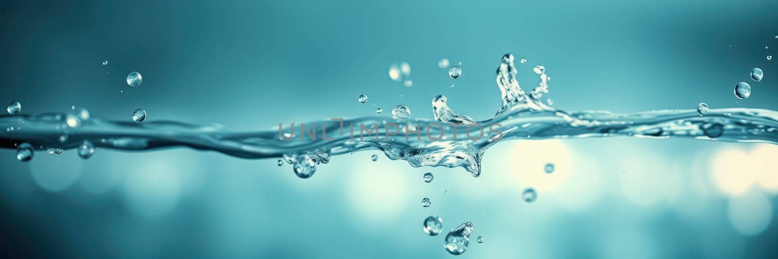 Water droplets and waves interact, creating beautiful patterns in a calm, bright aquatic setting. The tranquil blue tones enhance the soothing atmosphere.