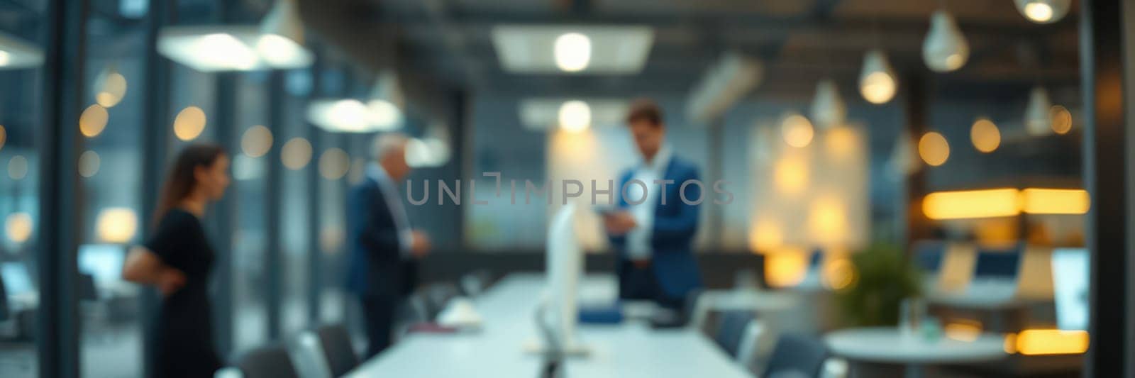Three business professionals interact in a contemporary office space filled with bright lights. One person stands while others discuss ideas at a long conference table.