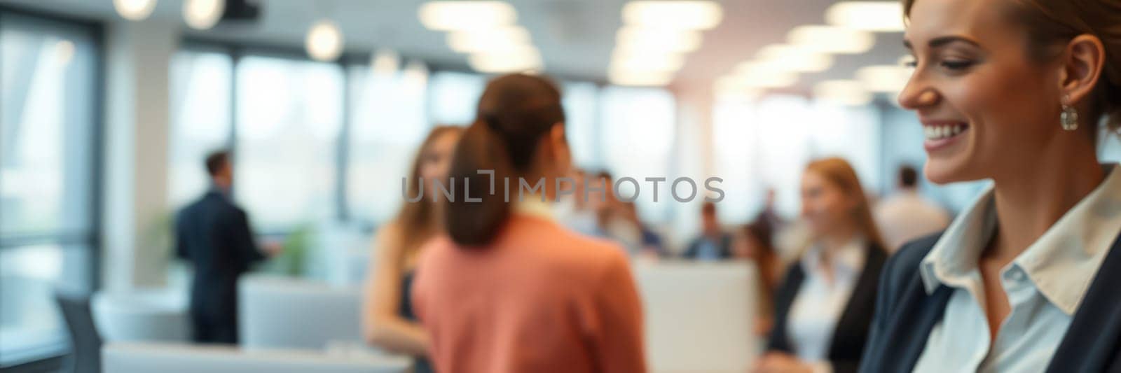 A group of business professionals network and discuss in a contemporary office environment. The atmosphere is vibrant, with various individuals exchanging ideas and building connections.