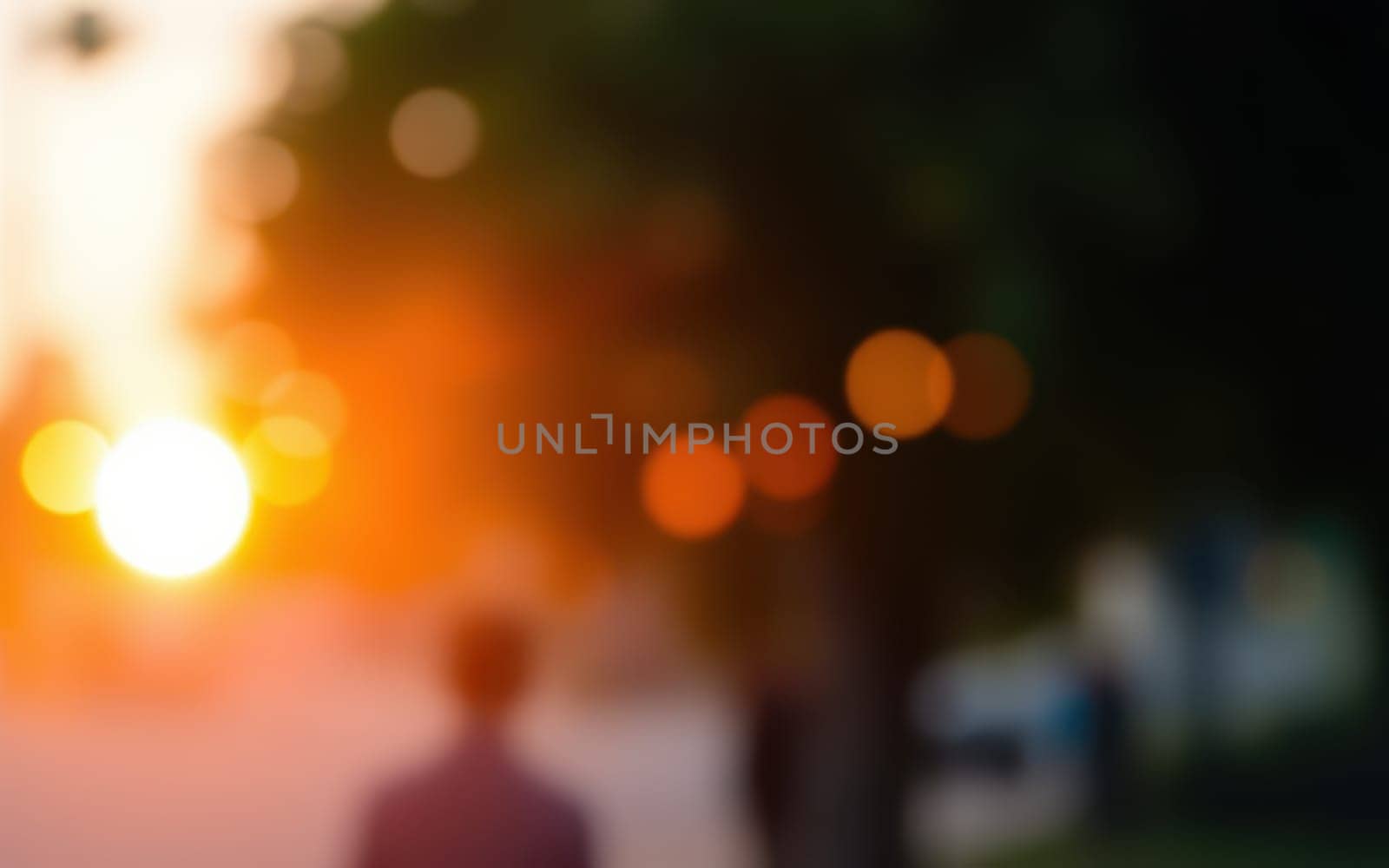 People stroll along a street bathed in warm golden light during sunset. The trees line the path, creating a peaceful and relaxing ambiance as day turns to night.