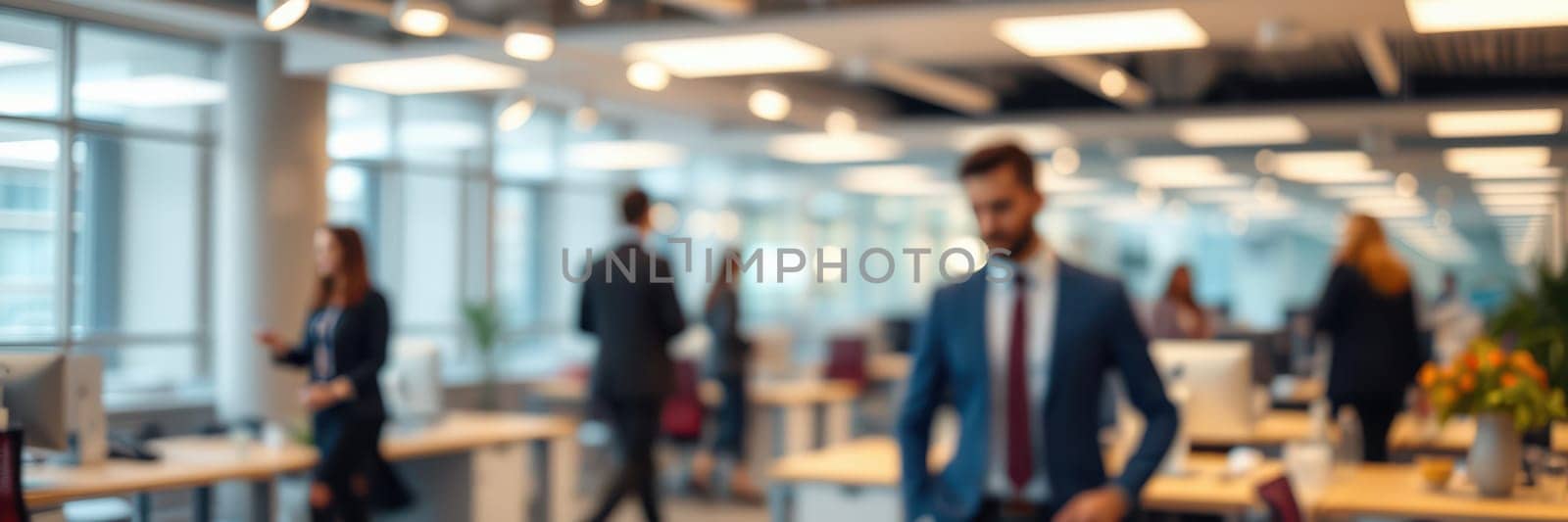 Professionals are engaged in various tasks within a contemporary office, with numerous individuals collaborating, typing, and discussing ideas in a vibrant atmosphere.