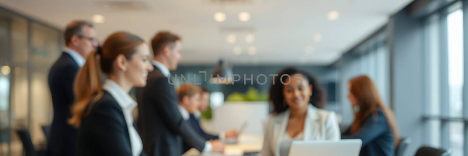 A group of professionals engages in a productive meeting within a contemporary office setting. They share ideas and strategies while working on laptops.