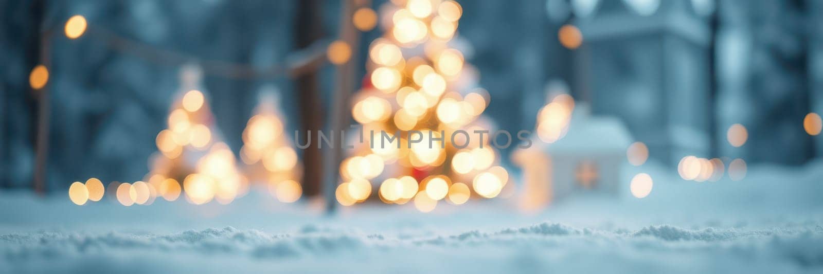 Softly falling snow blankets the ground, illuminating multiple Christmas trees adorned with warm lights, creating a cozy winter atmosphere filled with holiday spirit.
