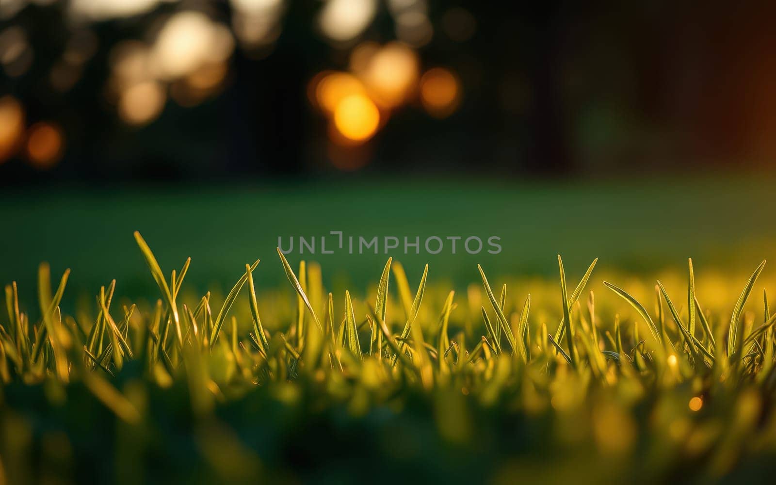 Golden sunlight filters through trees, illuminating lush green grass blades in a tranquil setting at dusk, evoking a peaceful and calm atmosphere.