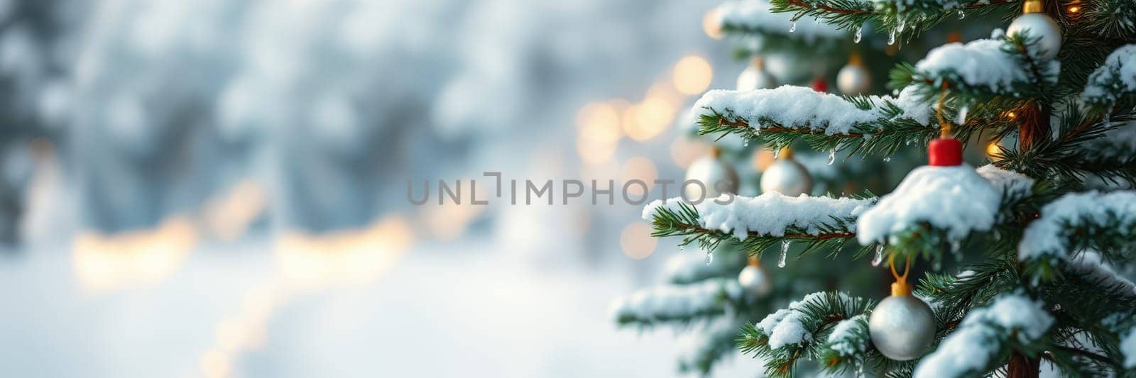 Beautiful Christmas tree with snow-covered branches, decorated with ornaments and softly glowing lights in a serene winter setting. The background is softly blurred, enhancing the festive atmosphere.