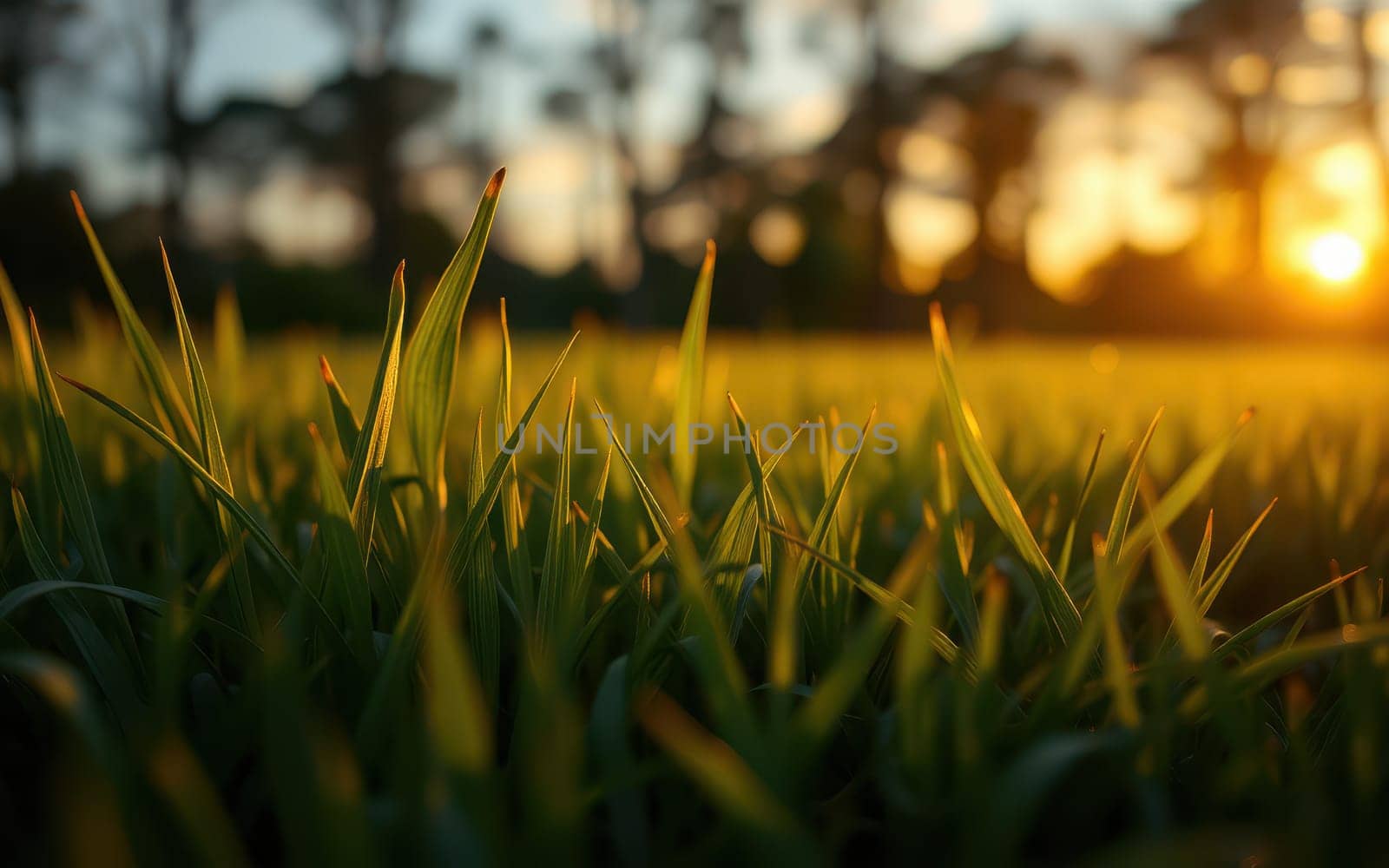 Grass blades catch the golden light of the setting sun, creating a warm and tranquil atmosphere in the late afternoon. The vibrant greenery glows softly under the fading daylight.