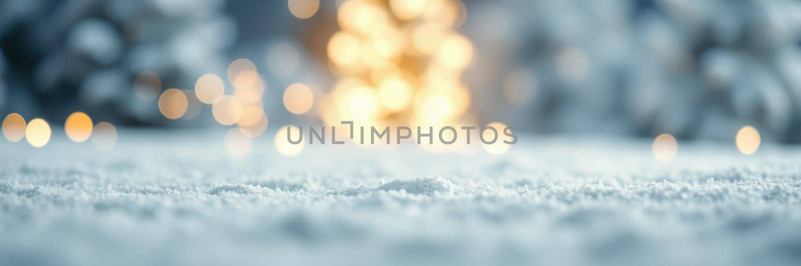 Soft snow covers the ground while gentle lights twinkle around a Christmas tree, creating a warm, festive atmosphere in a tranquil winter setting.