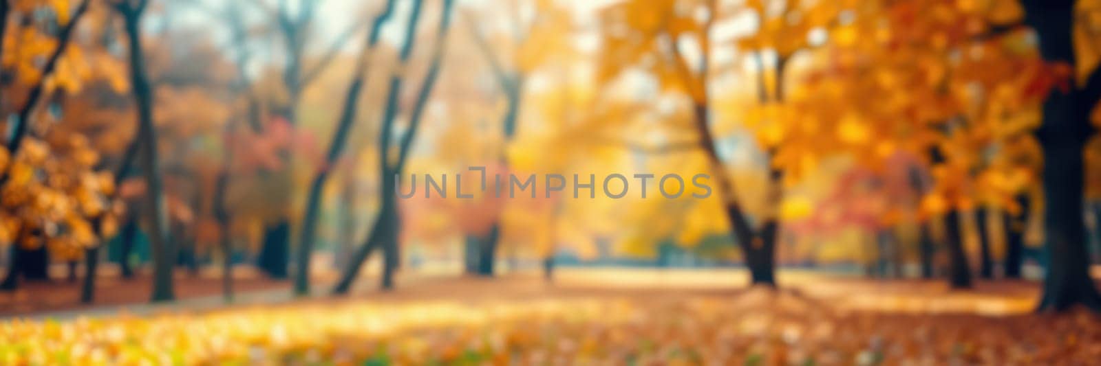 Golden and orange leaves blanket the ground in a tranquil park setting. Tall trees with changing colors tower above, creating a peaceful atmosphere perfect for a leisurely stroll.