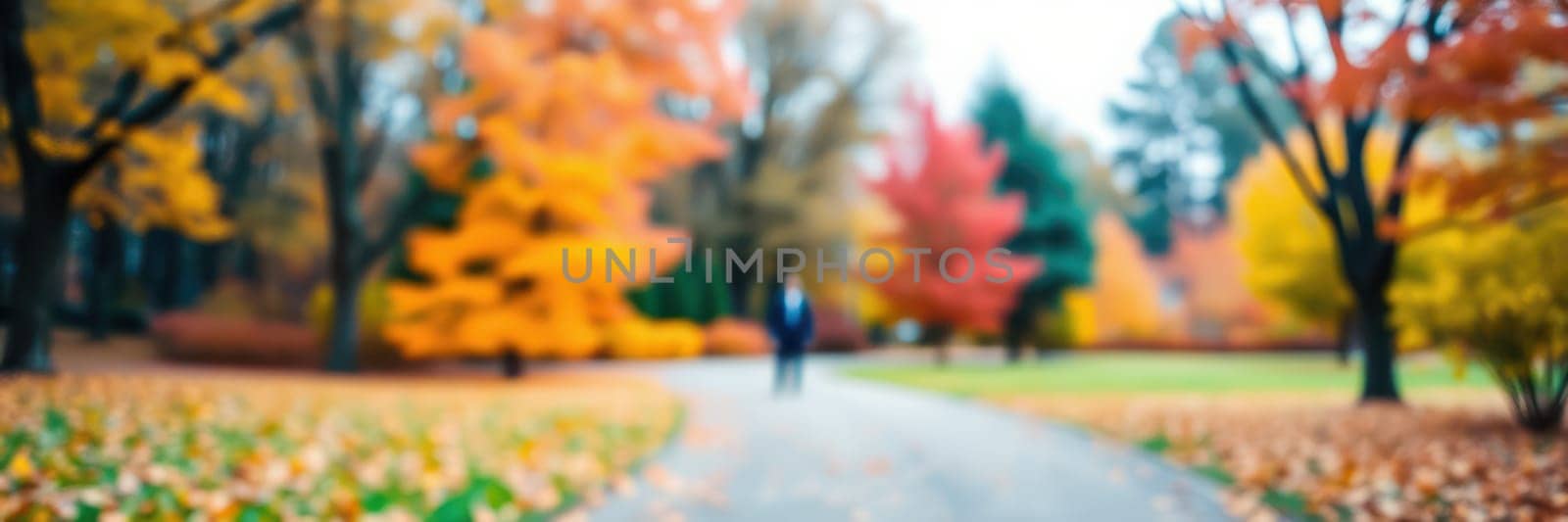 Vibrant fall leaves create a stunning backdrop in a peaceful park. The winding path invites visitors to explore amid warm autumn colors and gentle breezes.