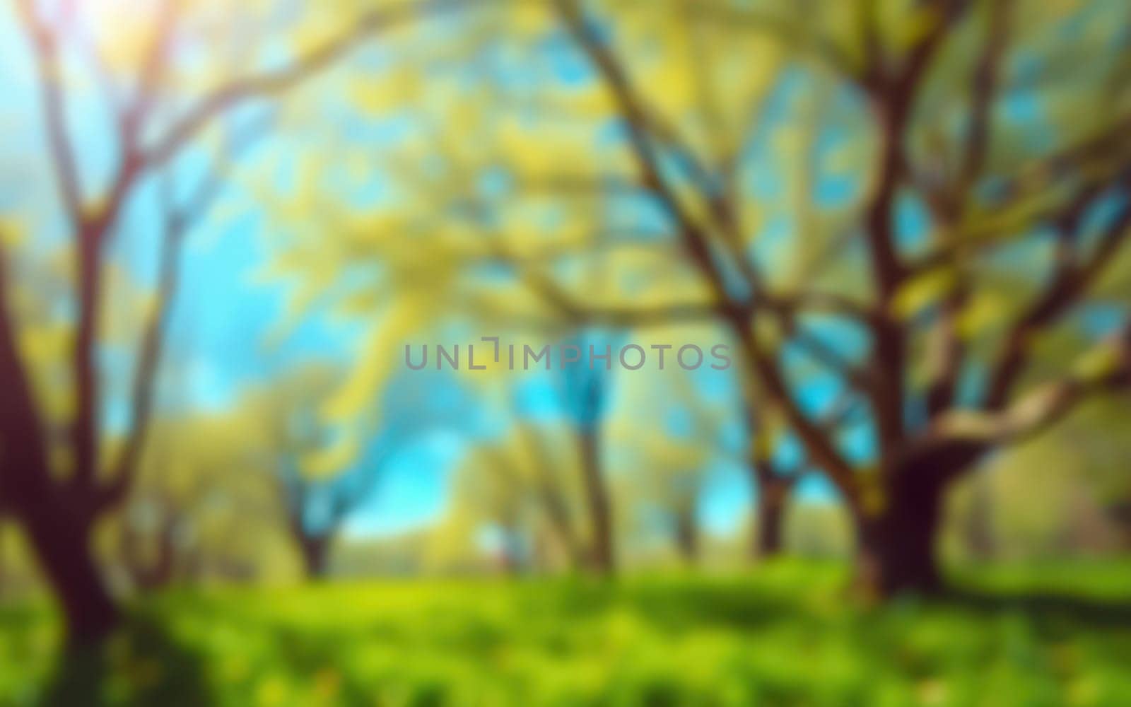 A vibrant spring day unfolds in a serene park filled with lush green grass and trees displaying fresh leaves under a clear blue sky, creating a peaceful atmosphere.