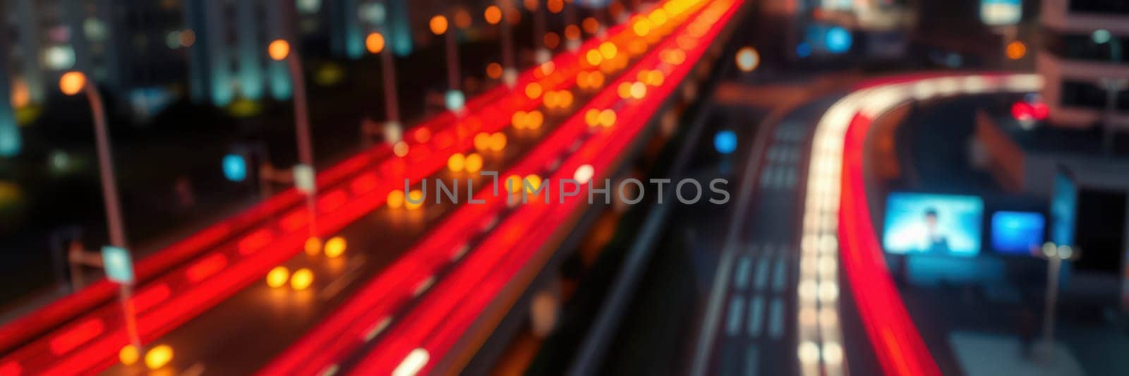 Vibrant lights from moving vehicles and street lamps create a lively atmosphere on a bustling urban highway during the night. The blurred lights capture the energy of the city.