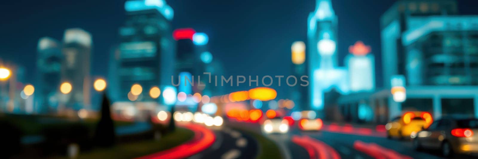 Cars move quickly along a winding road in a busy city under a night sky. Bright lights of skyscrapers create a dynamic, energetic atmosphere typical of urban nightlife.