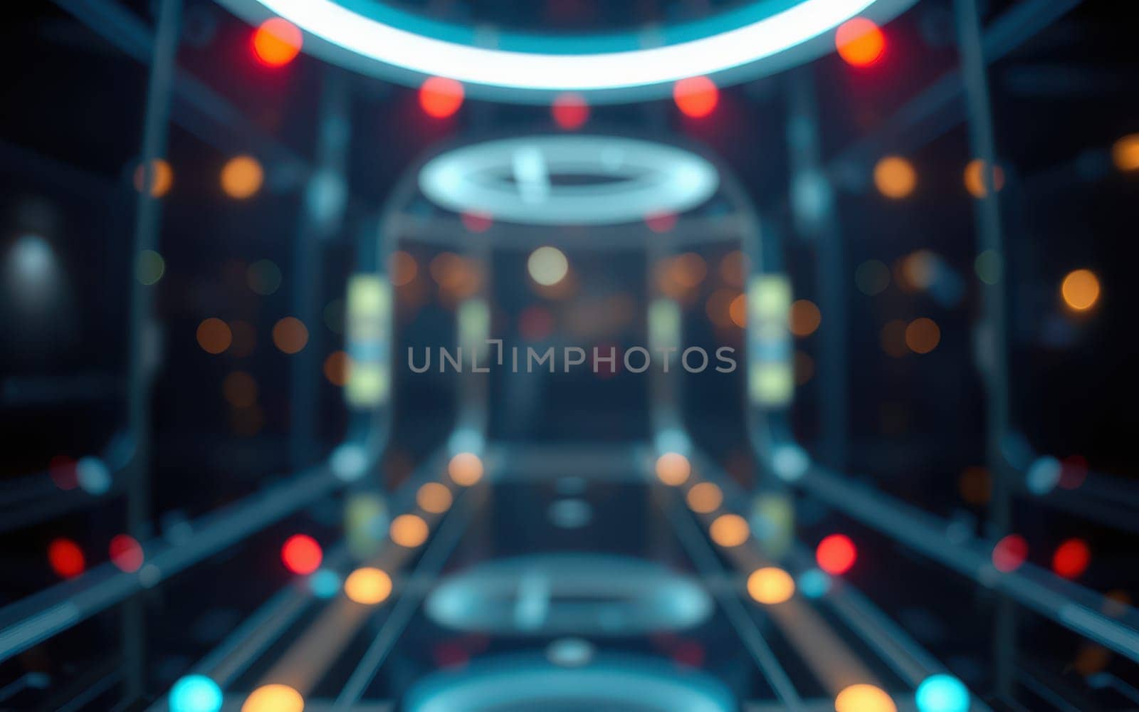 A vibrant corridor features glowing lights and an abstract design, creating a futuristic atmosphere. The colorful illumination casts a unique ambiance, ideal for creative projects.
