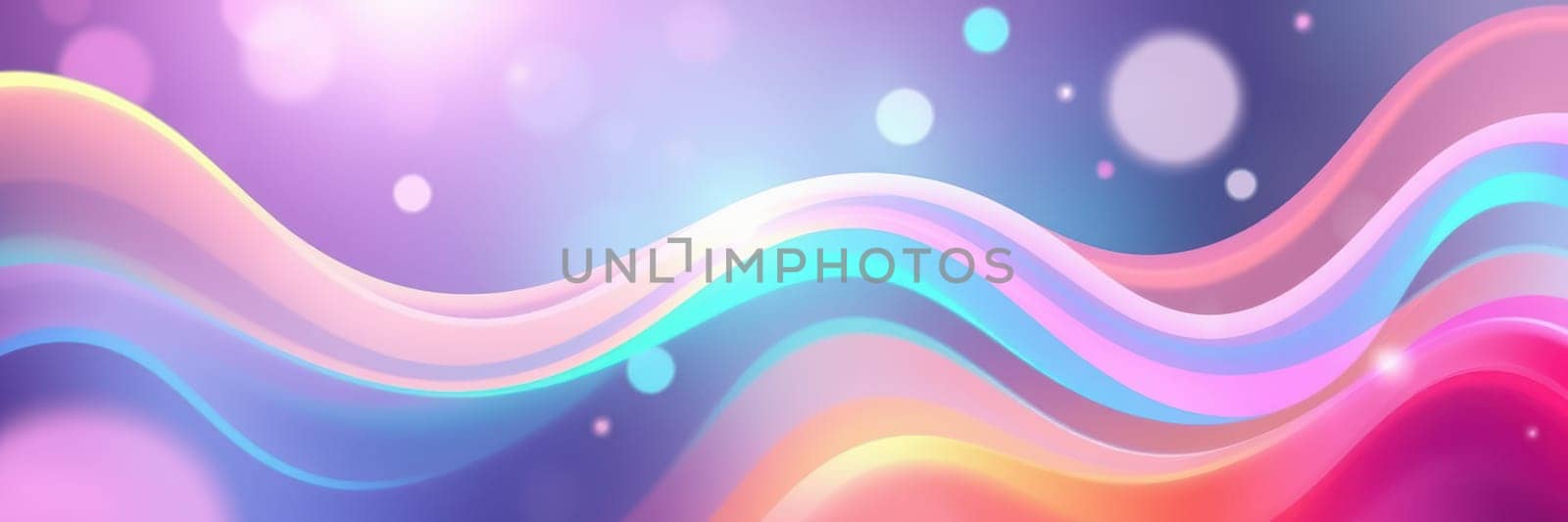 Vibrant, flowing waves in various pastel shades intertwine across the composition, enhanced by soft bokeh lights that add a dreamy quality, creating visual depth and movement.