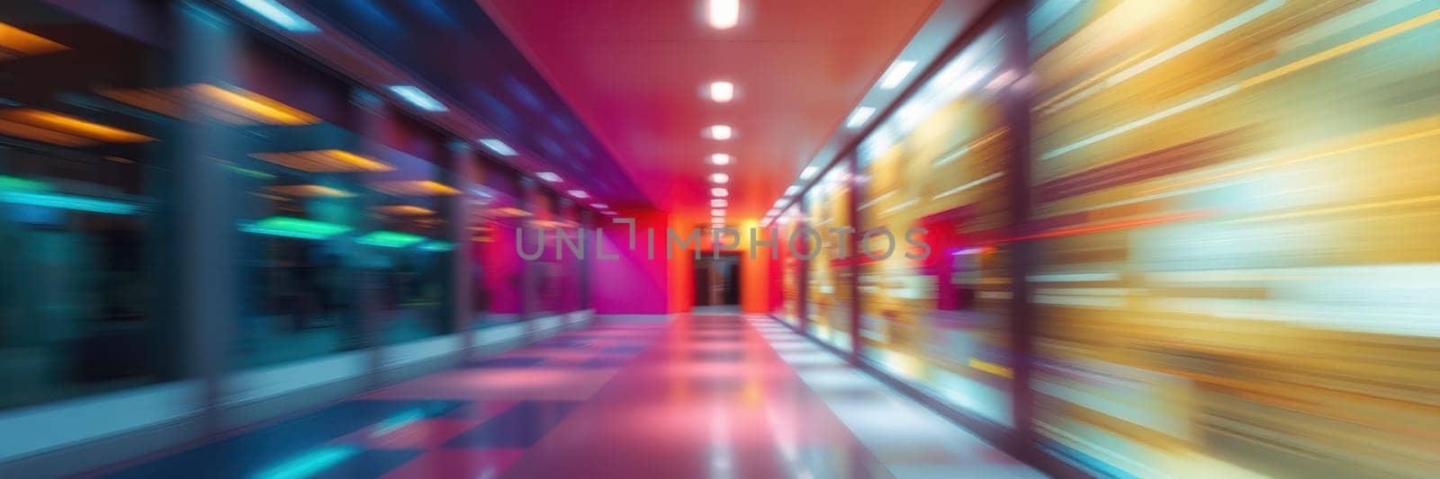 A long hallway illuminated by vivid lights reflects a spectrum of colors on polished floors. The atmosphere is lively and energetic, suggesting a bustling environment.