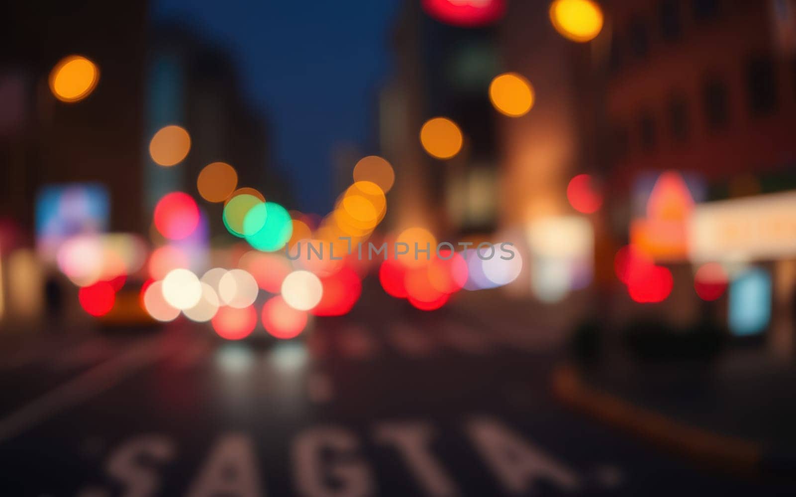 Bright city lights illuminate a busy street filled with blurred motion from vehicles. The atmosphere is lively as evening sets in, showcasing urban energy and activity.