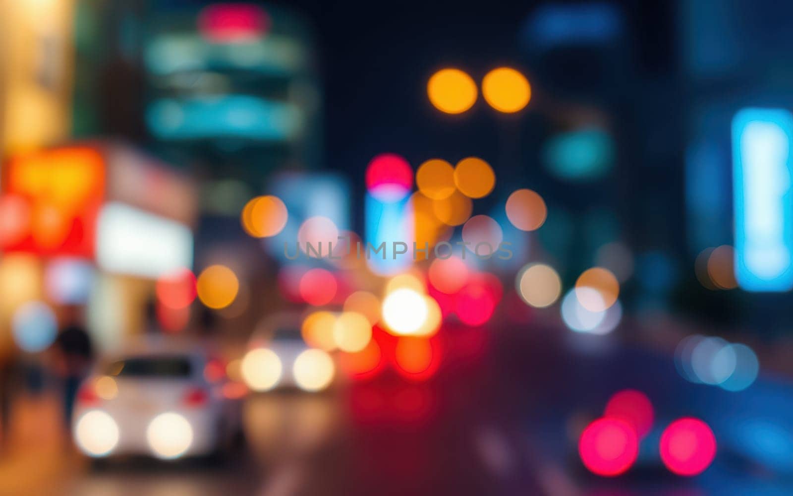 A lively city street at night, filled with bright lights from storefronts and traffic signals. Cars navigate through the scene while pedestrians enjoy the vibrant atmosphere.