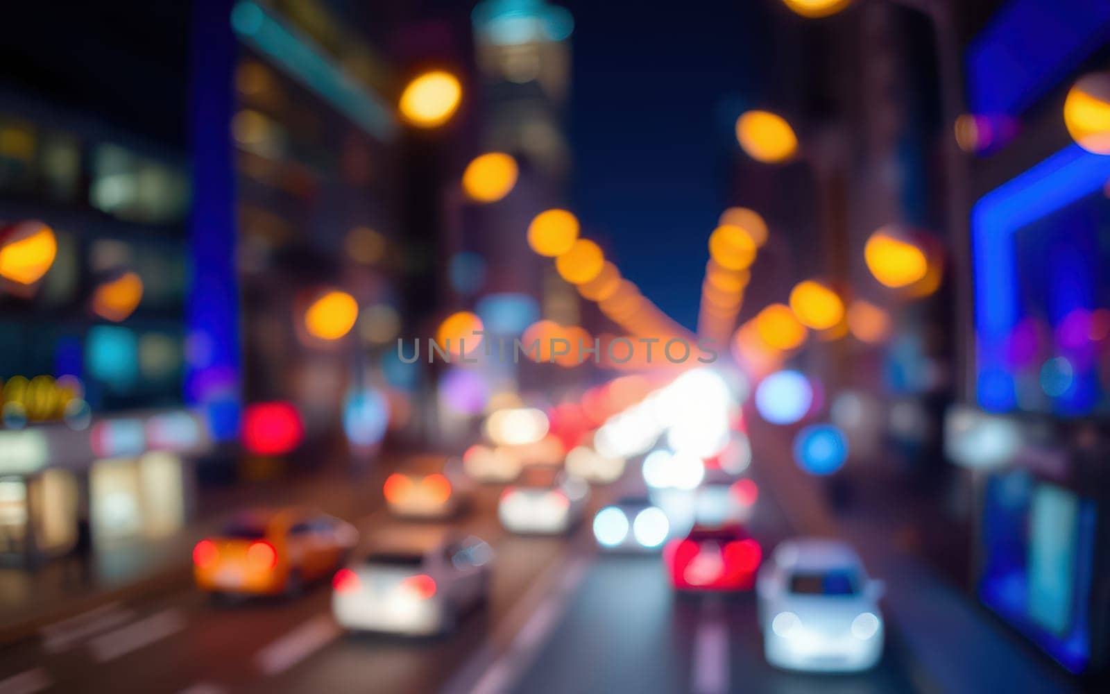 Busy urban street filled with cars moving through city lights at night. Bright colors from buildings and streetlights create a lively atmosphere, showcasing the energy of city life after dark.