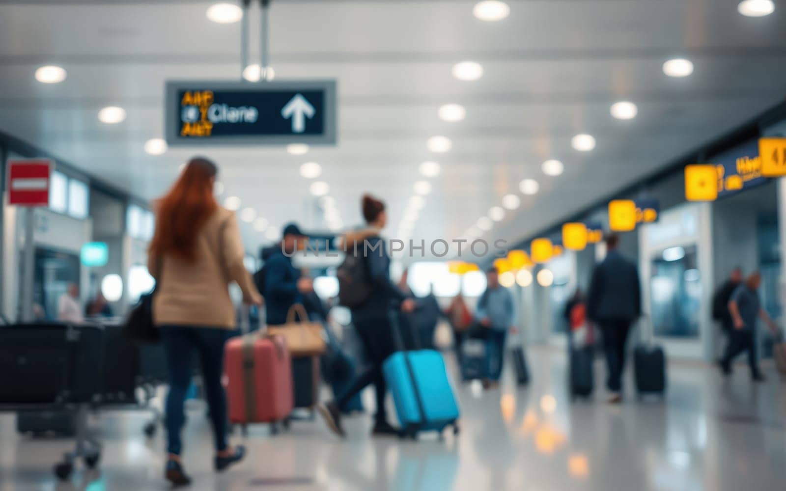Crowds of travelers navigate a busy airport terminal, dragging suitcases and checking signs. Brightly lit spaces reflect a sense of urgency and excitement during travel rush hours.