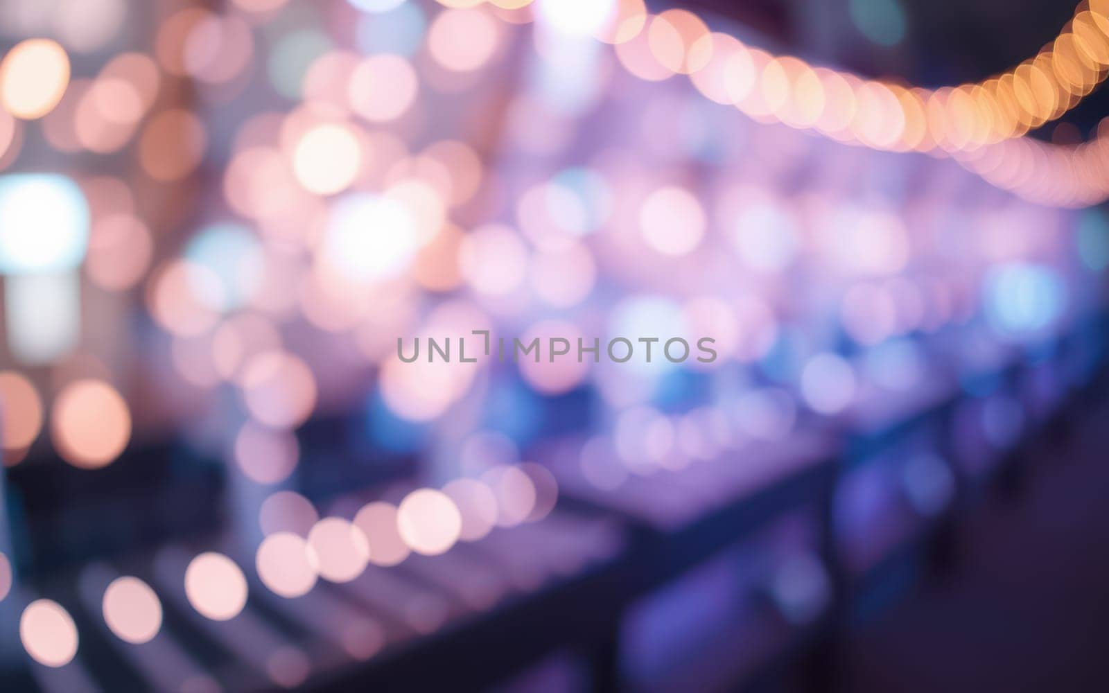 Twinkling bokeh lights illuminate an evening market, where colorful stalls display various goods. The festive ambiance attracts visitors seeking unique items and experiences.