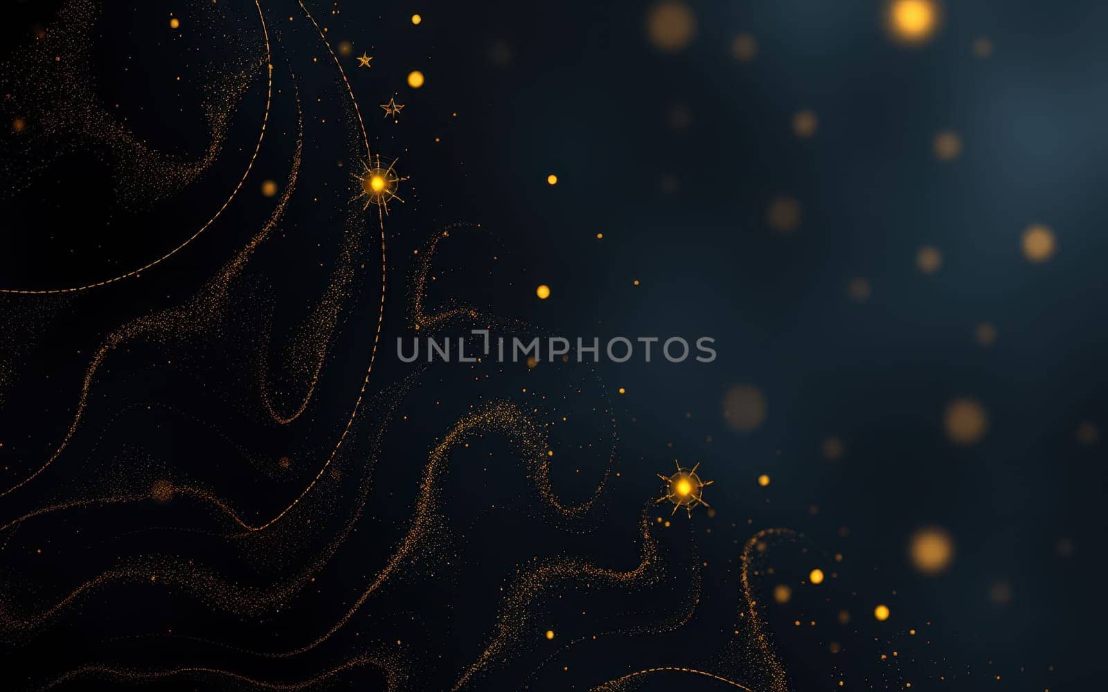 This artwork features a rich dark backdrop adorned with glowing golden particles and fluid lines, evoking a sense of depth and movement in a starry night theme.
