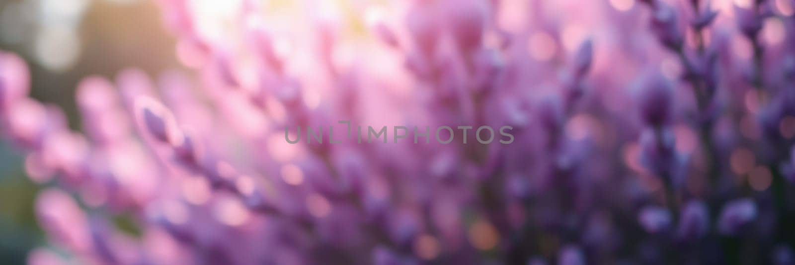 Lavender flowers fill the foreground, bathed in warm sunlight during the golden hour. The soft focus enhances the beauty of the purple petals creating a serene atmosphere.