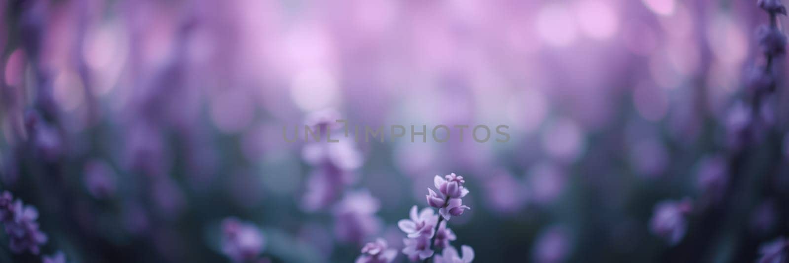 Lavender flowers fill the foreground, softly illuminated by an evening glow. The background blurs into shades of purple and green, creating a serene atmosphere in the garden.