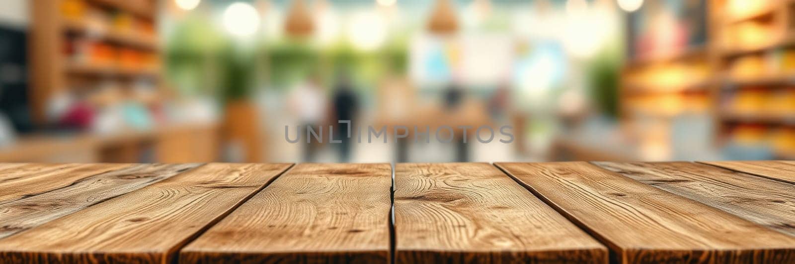 A worn wooden table sits in the foreground, while a bustling cafe atmosphere unfolds in the background. Shelves filled with products and patrons create a lively setting.