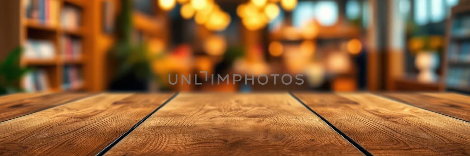 A wooden table fills the foreground, showcasing its rich texture. In the background, a cozy cafe atmosphere is illuminated by warm lights, creating a welcoming vibe during the late afternoon.
