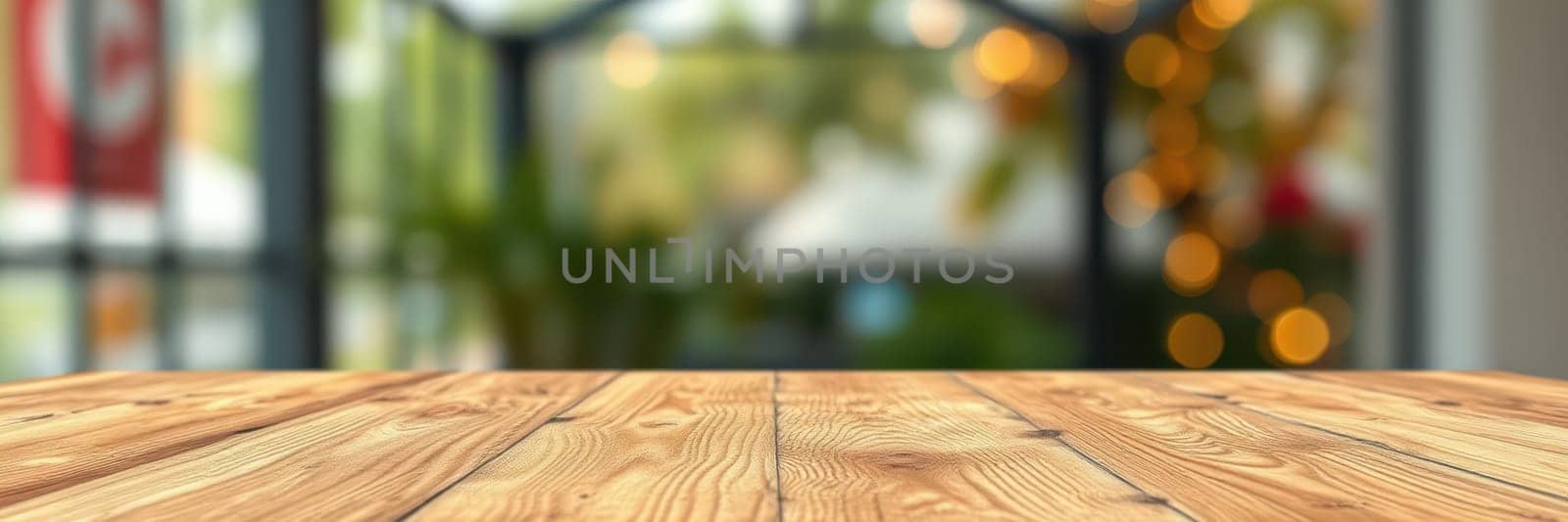 A wooden table is set in a cozy cafe atmosphere, with soft, blurred lights and greenery creating a warm ambiance. The setting suggests a relaxed afternoon vibe.