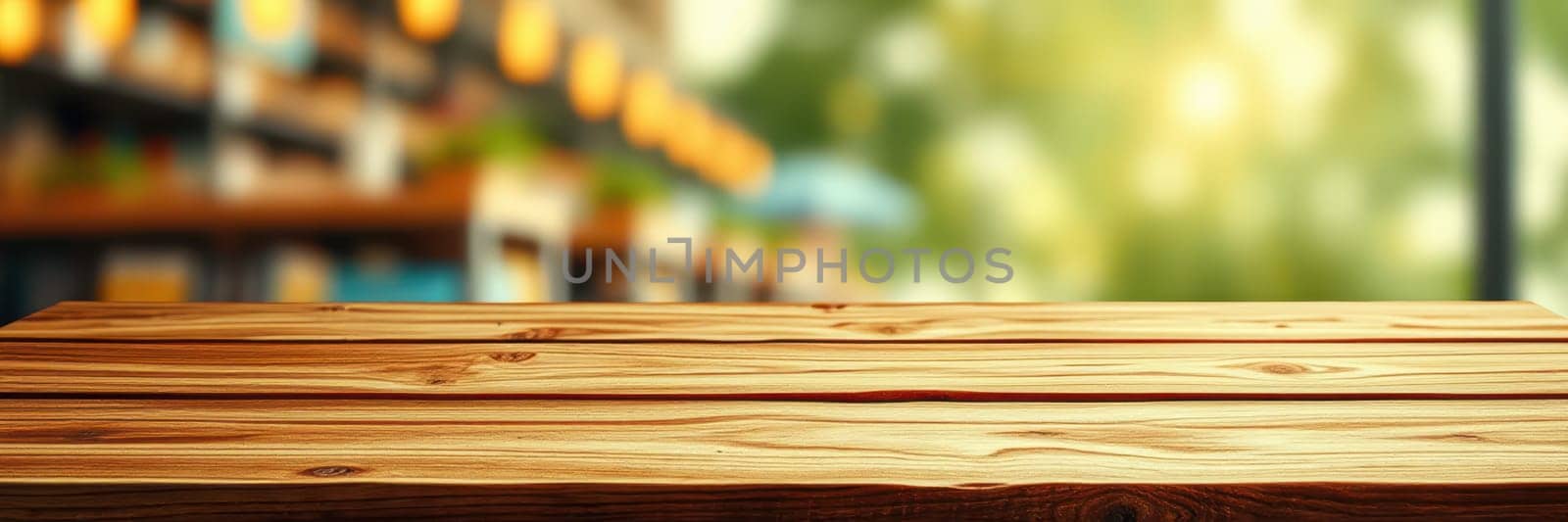 A rustic wooden table stands prominently, showcasing its natural grain, while a cozy cafe ambiance envelops it. Warm lights create a welcoming atmosphere.
