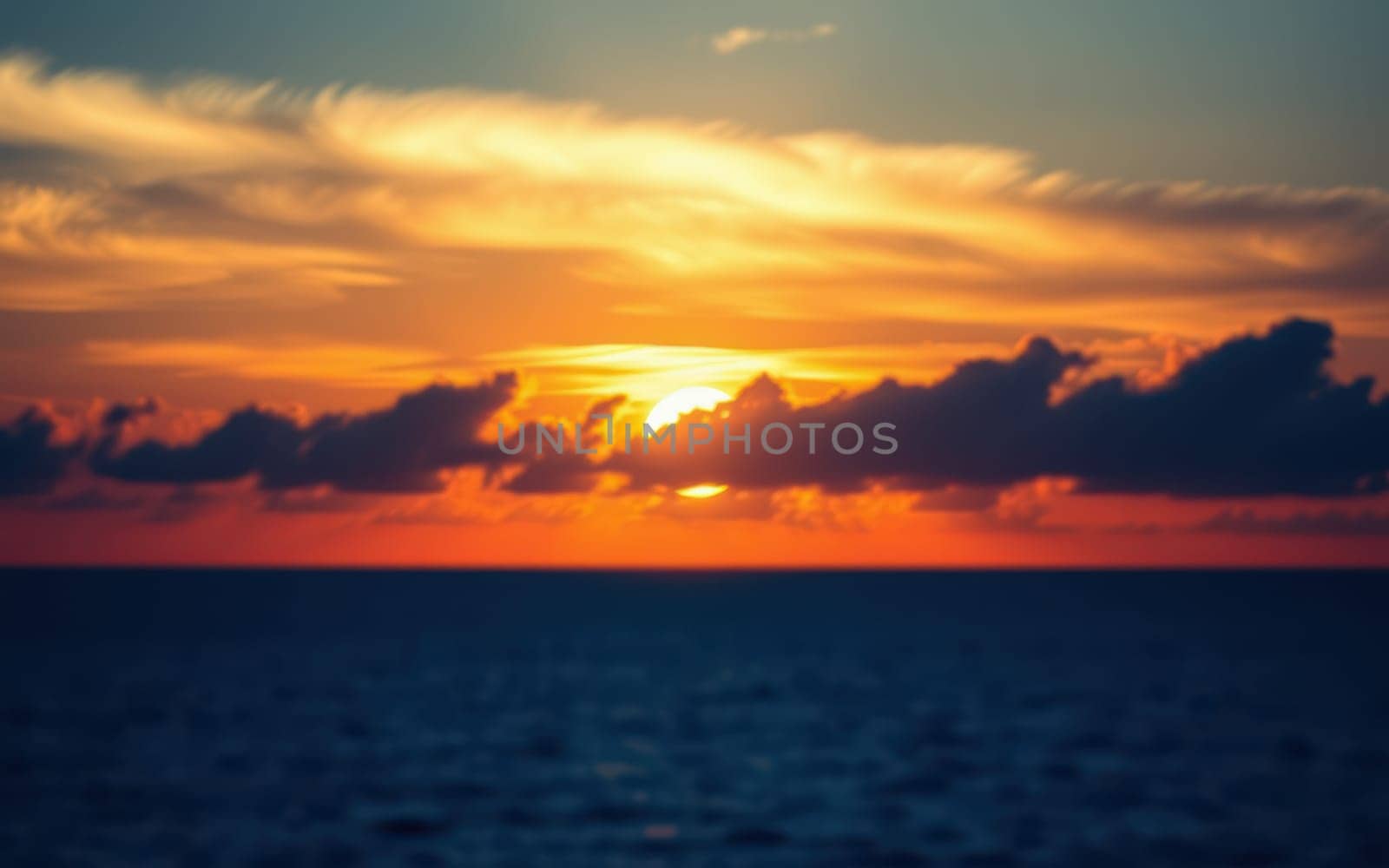A breathtaking view of the sun setting across the ocean. The sky is filled with vibrant hues of orange and blue as clouds drift nearby. A tranquil atmosphere prevails during this evening moment.
