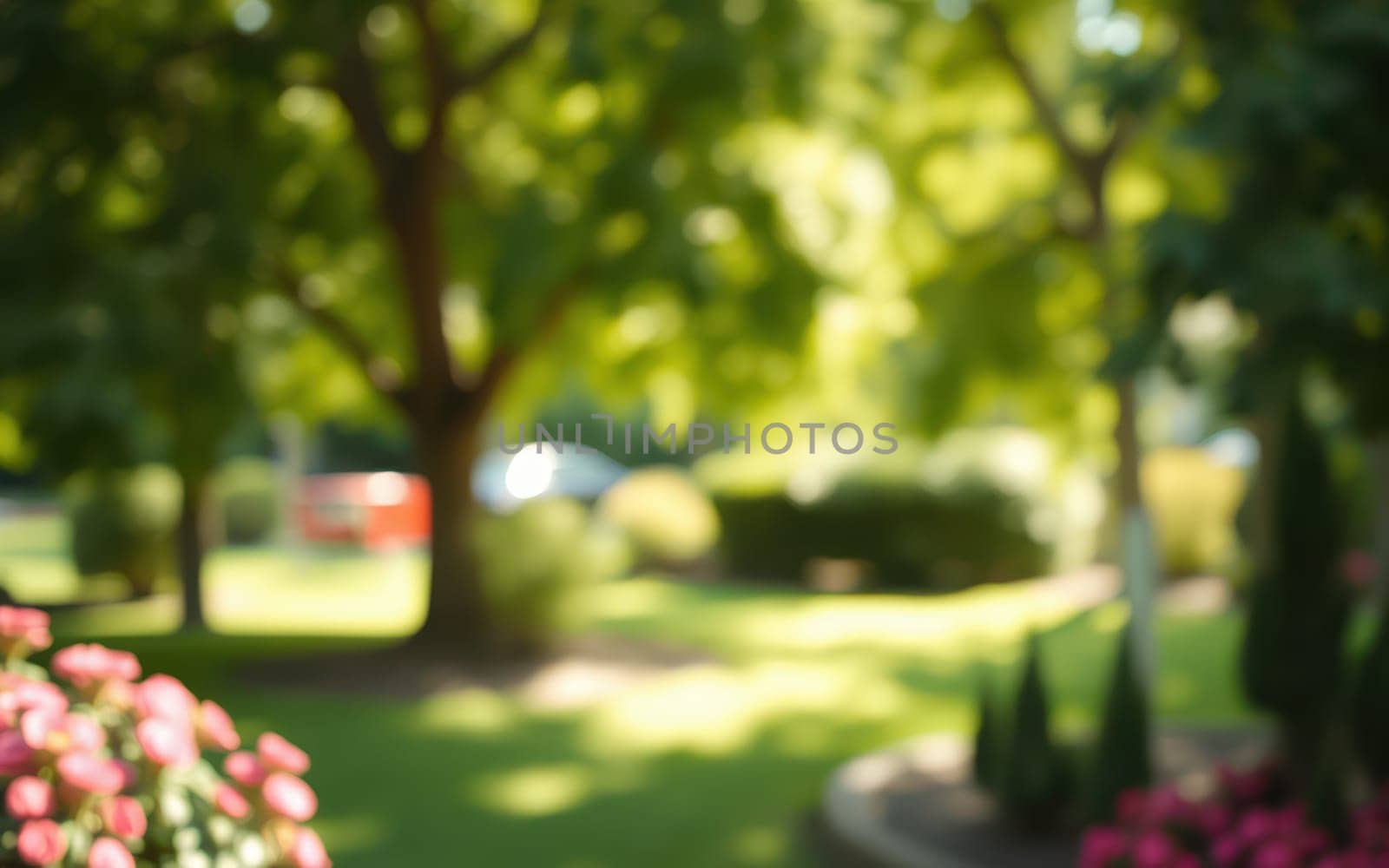 Sunlight streams through trees in a lively garden. Colorful flowers bloom, adding charm to the serene atmosphere as people enjoy the warm day in a public park.