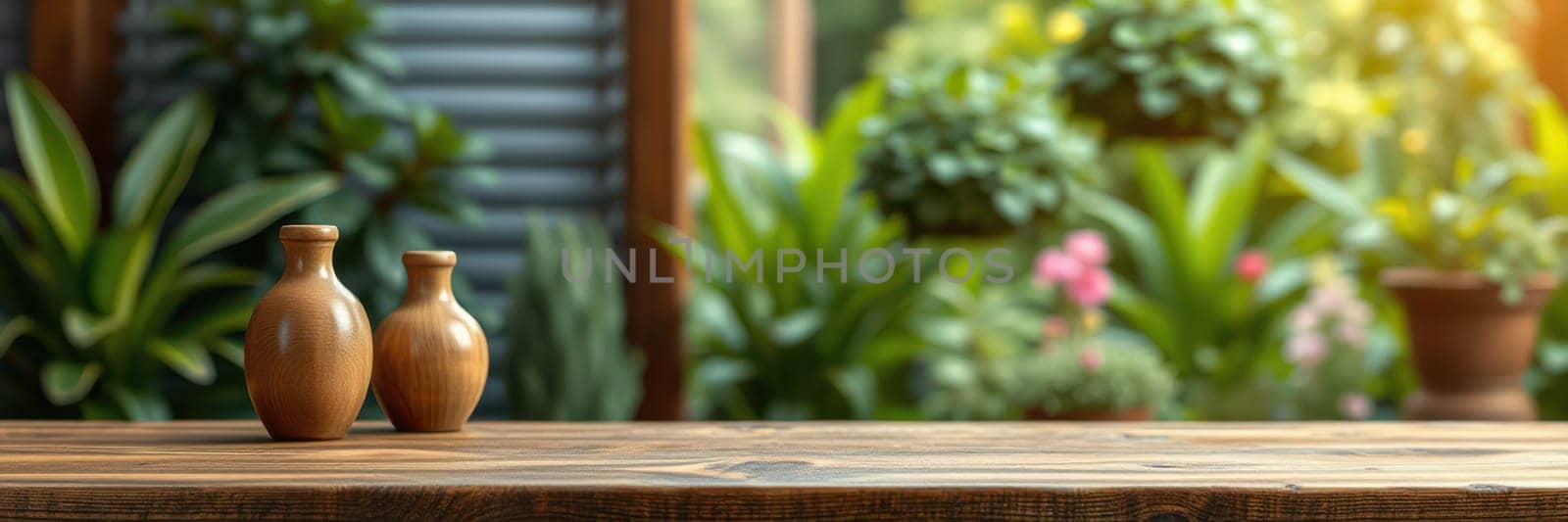 Two clay vases sit on a wooden table, surrounded by vibrant greenery and flowering plants in a cozy indoor garden, illuminated by warm late afternoon sunlight.