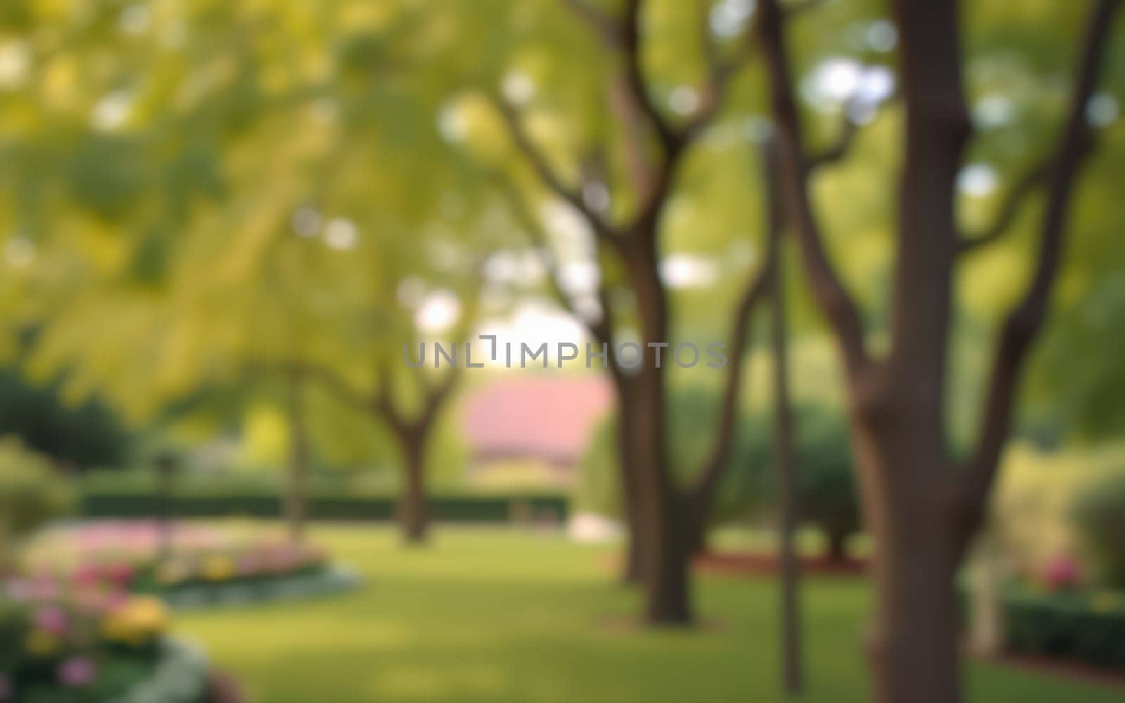 A serene park features vibrant flowers and tall trees providing shade. Visitors can enjoy leisurely walks amidst the lush greenery, creating a peaceful atmosphere.