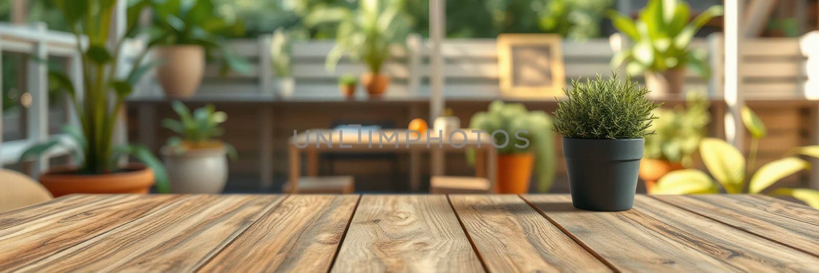 A wooden table serves as the centerpiece amidst a garden brimming with greenery. Potted plants in various sizes decorate the serene space, inviting tranquility during the day.
