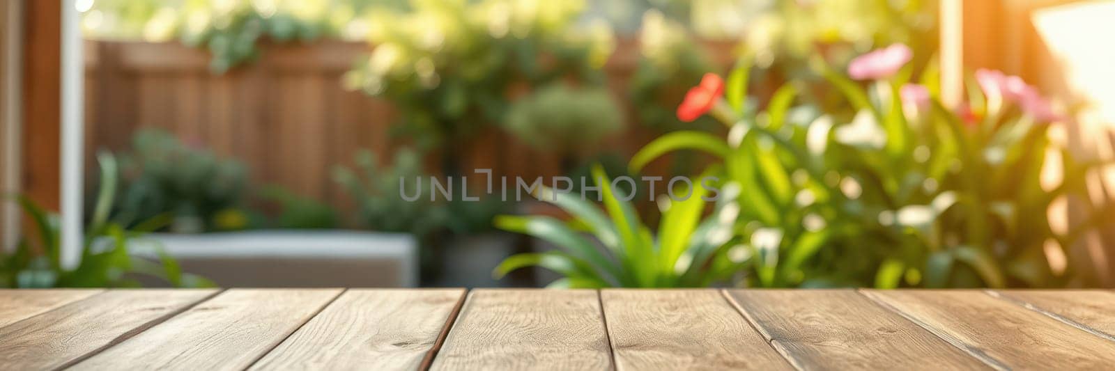 A rustic wooden table sits in an outdoor area, surrounded by lush greenery and blooming flowers, capturing the warm glow of late afternoon sunlight.