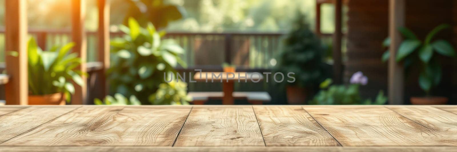 A rustic wooden table is featured in the foreground, with a blurred garden in the background. Soft sunlight highlights the lush plants and cozy seating area, creating a warm atmosphere.