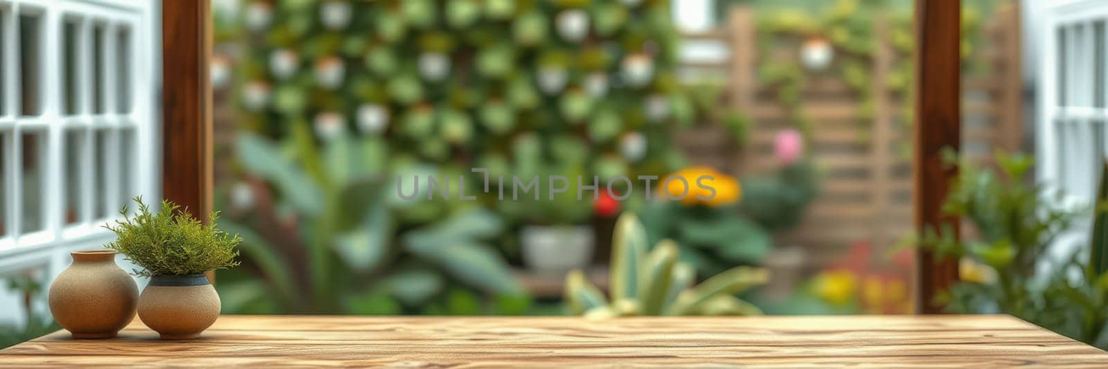 A serene outdoor area features a wooden table adorned with small pots, surrounded by lush greenery and colorful flowers, creating a peaceful environment for relaxation.