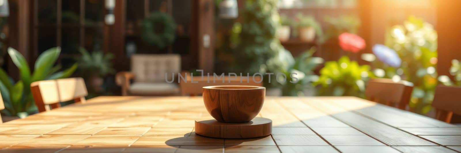 A wooden bowl sits on a coaster on a table surrounded by vibrant plants in a warmly lit indoor environment. The sunlight highlights the natural textures.
