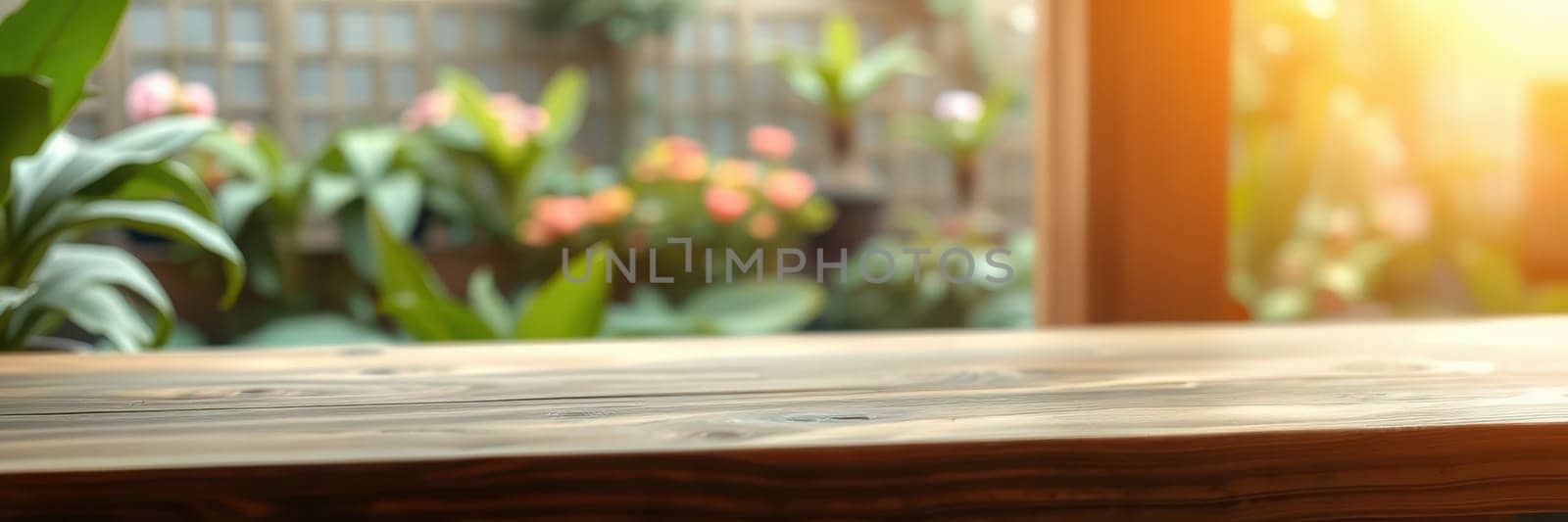 A rustic wooden table sits in a peaceful outdoor space, bathed in warm sunlight, while colorful flowers and lush greenery create a calming environment.