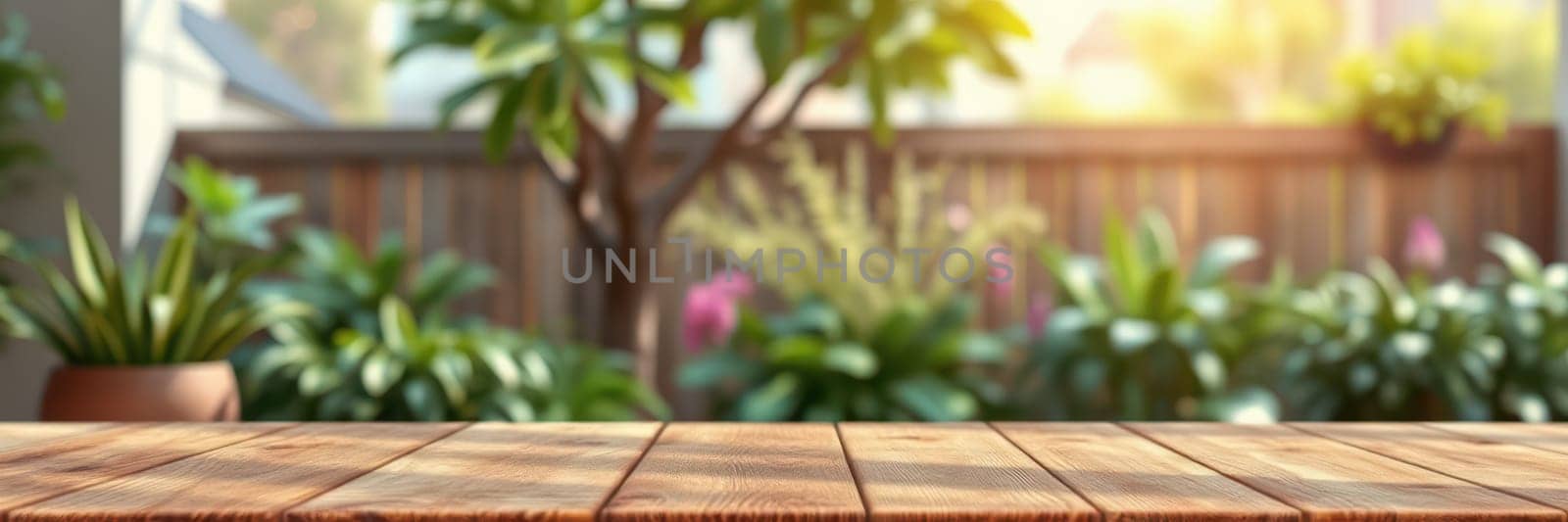 A warm, inviting outdoor area showcases a wooden table in the foreground surrounded by vibrant plants and flowers. Sunlight filters through the foliage, creating a peaceful atmosphere.