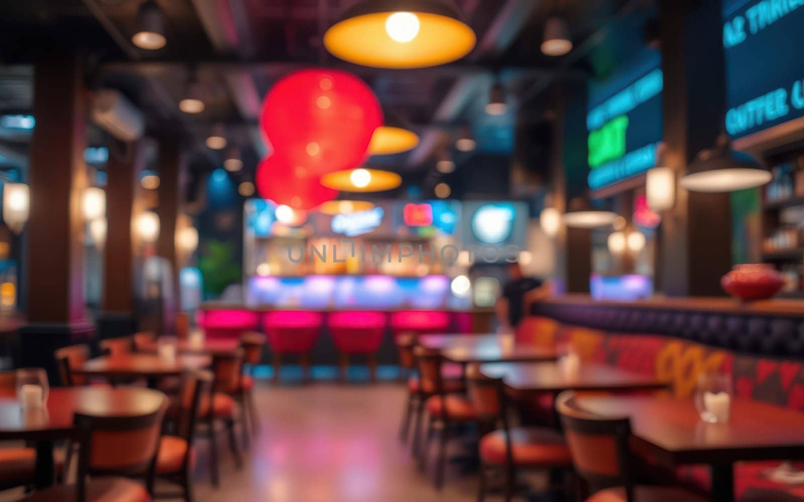 A lively cafe filled with colorful lighting and wooden tables set for guests. Background displays the bustling bar area, creating a warm and welcoming atmosphere.